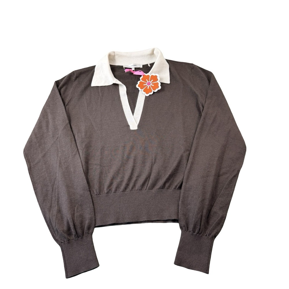 FRAME Brown Cream Cashmere Silk Stretch V Neck Polo Sweater Women S WF25KSW013